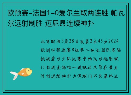 欧预赛-法国1-0爱尔兰取两连胜 帕瓦尔远射制胜 迈尼昂连续神扑
